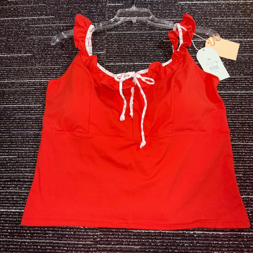 Blogilates Ruffle Lace Up Tank Women 3X Red New Activewear Floral Trim Ruffles